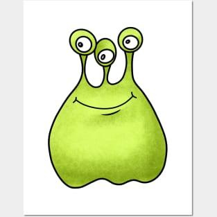 Cute cartoon green alien with three eyes Posters and Art